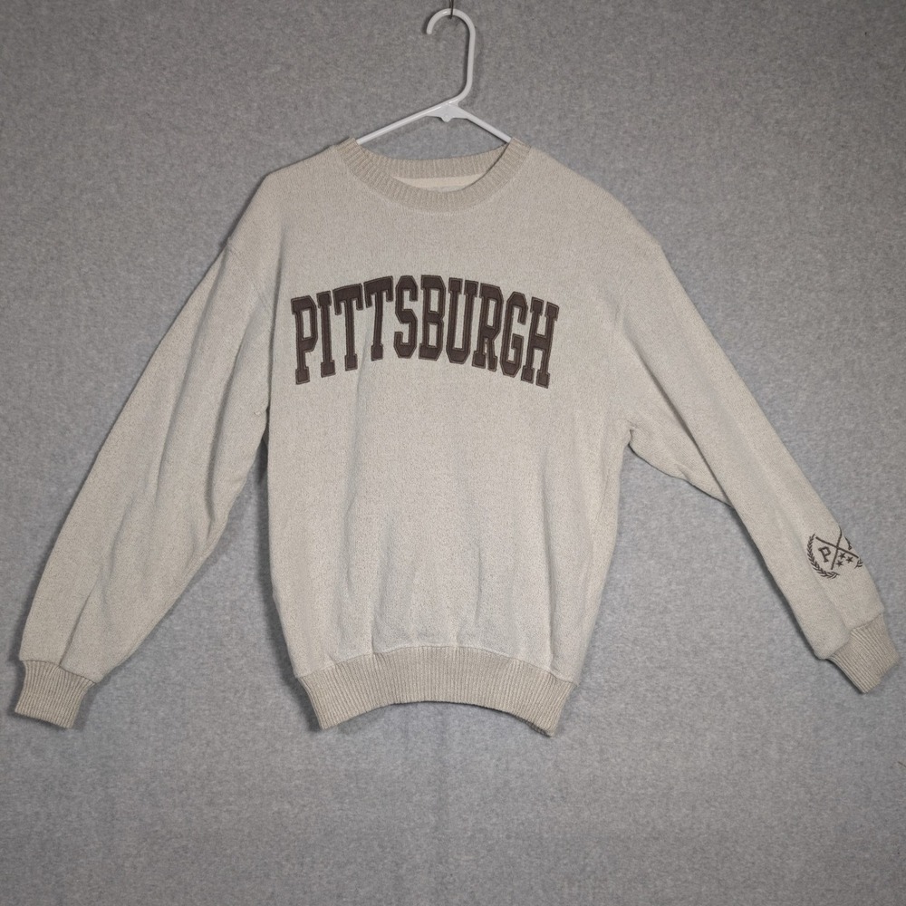 New York Popular Sweatshirt Women Medium Oatmeal Pittsburgh Graphic Embroidered